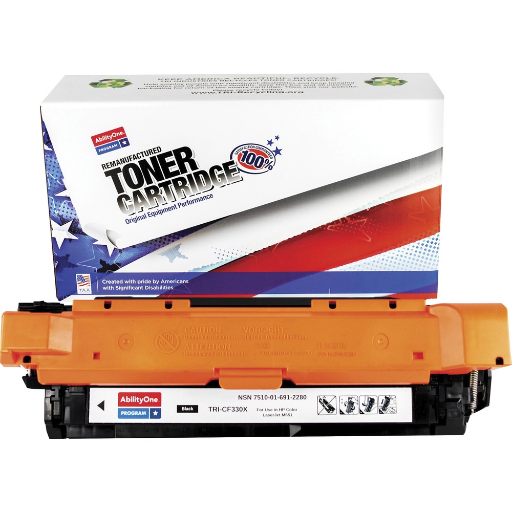 NSN6912280 - Remanufactured toner cartridge is designed for use in HP Color LaserJet Enterprise M651 Series. AbilityOne toner provides strategic opportunities to address a variety of customer needs including significant savings, guaranteed performance, compliance with executive orders and free recycling solutions. Plus, every purchase creates jobs for people with disabilities. TAA-compliant cartridge is assembled in the U.S.A., made using 35 percent post-consumer content and meets ISO 14001 recycling standards. High-yield cartridge yields approximately 20,500 pages.