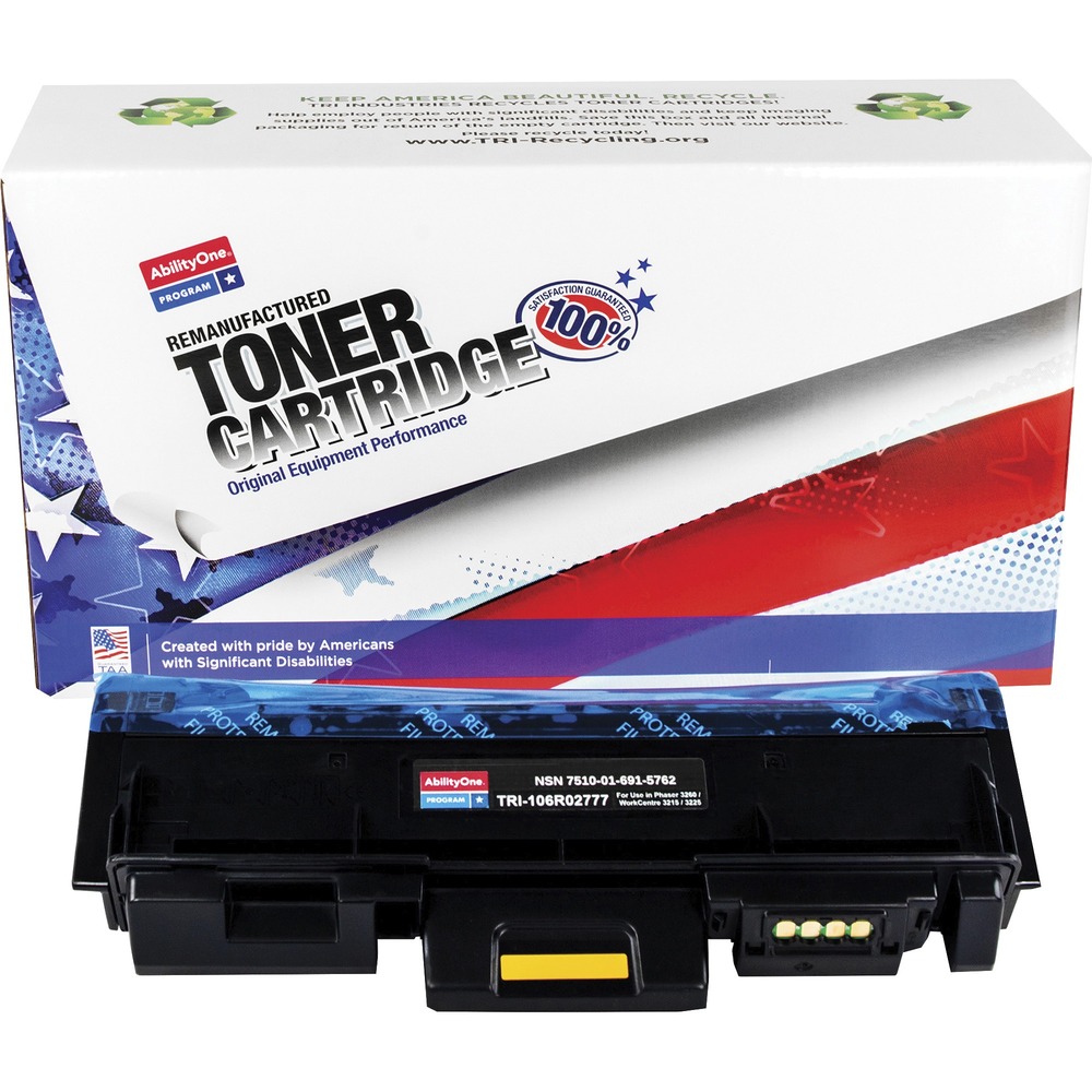 NSN6915762 - Remanufactured toner cartridge is designed for use in Xerox Phaser 3260; WorkCentre 3215 and 3225. AbilityOne toner provides strategic opportunities to address a variety of customer needs including significant savings, guaranteed performance, compliance with executive orders and free recycling solutions. Plus, every purchase creates jobs for people with disabilities. TAA-compliant cartridge is assembled in the U.S.A., made using 35 percent post-consumer content and meets ISO 14001 recycling standards. Cartridge yields approximately 3,000 pages.