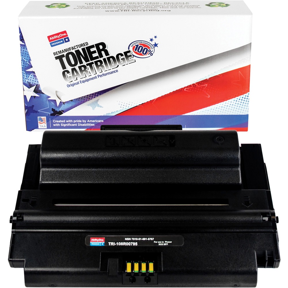 NSN6915767 - Remanufactured toner cartridge is designed for use in Xerox Phaser 3635 MFP. AbilityOne toner provides strategic opportunities to address a variety of customer needs including significant savings, guaranteed performance, compliance with executive orders and free recycling solutions. Plus, every purchase creates jobs for people with disabilities. TAA-compliant cartridge is assembled in the U.S.A., made using 35 percent post-consumer content and meets ISO 14001 recycling standards. Cartridge yields approximately 10,000 pages.