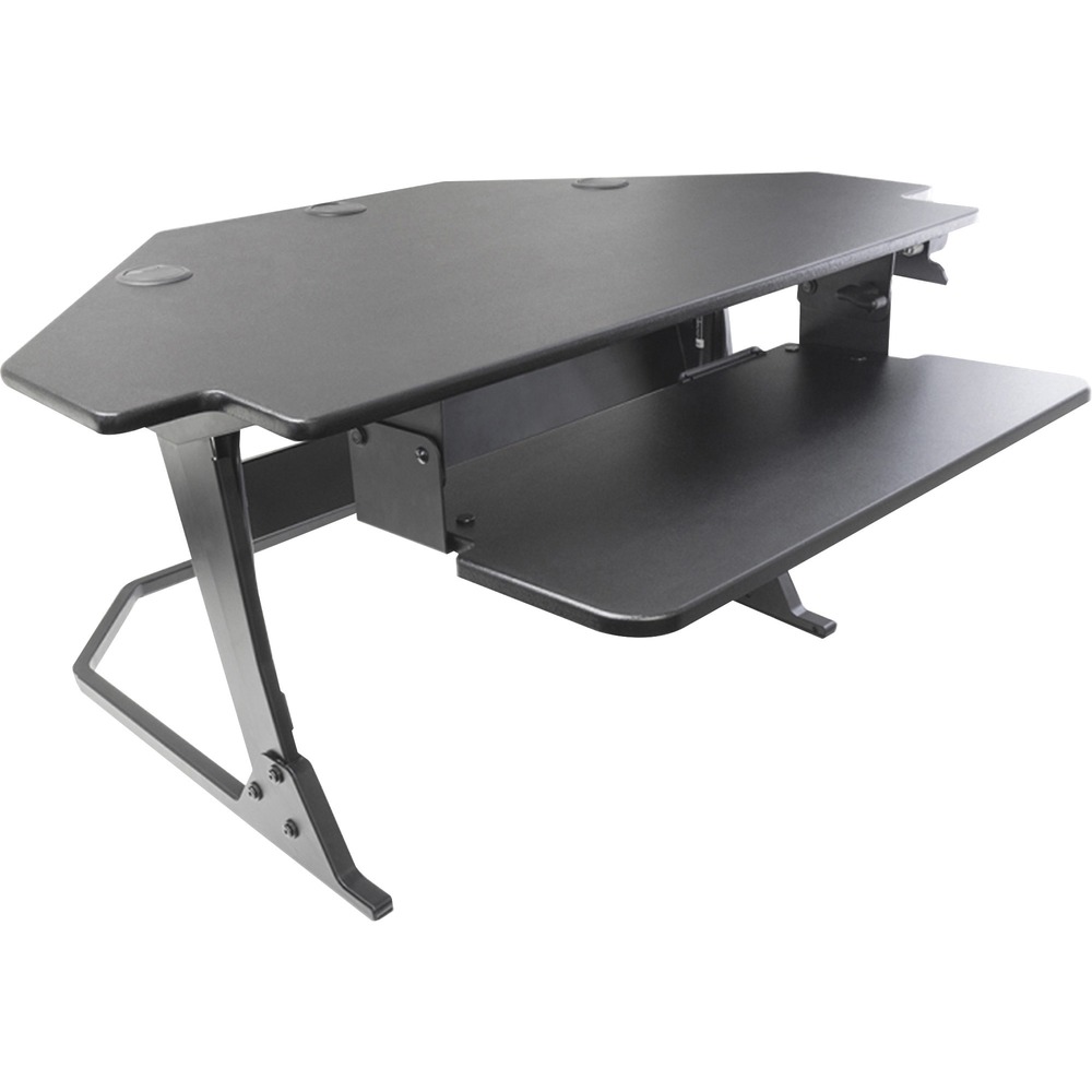 NSN6925299 - Help employees avoid the detrimental health effects associated with sitting for extended periods of time with this Sit-Stand Corner Workstation. It can be placed atop any desk or table and raised to a standing position or lowered to a sitting position. Fully extended height is 20". Two-tiered, adjustable-height standing desk riser is designed to accommodate dual-monitors. It is made of wood and steel and offers a 35 lb. capacity.