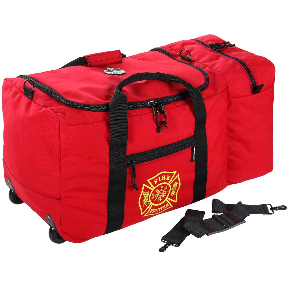 EGO13205 - Arsenal 5005W Wheeled Firefighter Turnout Bag is designed to organize and haul bulky firefighter gear, work gear, tower climber safety equipment and more. This roller bag features heavy-duty rubberized wheels, a webbing handle for easy transport of large heavy gear and molded feet to keep the bag slightly above the ground. Made with double-coated 1000D nylon, it resists punctures, tears and abrasions for long-lasting use in harsh environments. Main clamshell compartment is large enough to store bulky firefighter gear and boots while the zippered side exterior pouch can hold a firefighter helmet, safety hard hat or SCBA mask. Adjustable shoulder strap and top quick-grab handle make it comfortable to transport heavy gear. Fire-and-rescue duffel bag is ideal for protecting and transporting daily use gear, particularly volunteer firefighters, EMS medical personnel, tower safety climbers and more. Capacity is 30.9 gallons (117 liters).