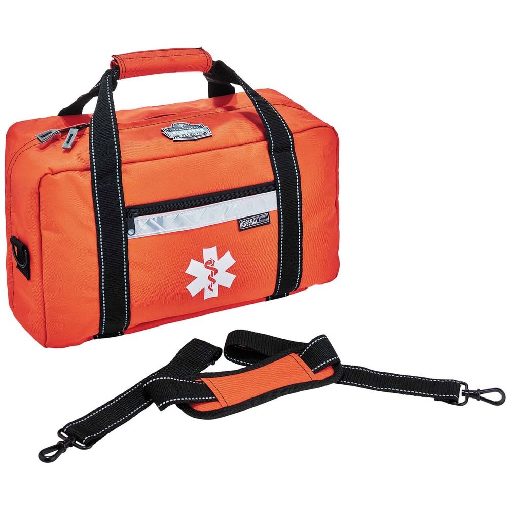 EGO13458 - Arsenal 5220 Responder Trauma Bag holds your trauma supplies, including splints, burn dressing, gloves, bandages and more. Small bag opens completely for total access. Store your supplies in the six multi-tiered, mesh interior pockets. Outside zippered pocket (8" x 1" x 8") offers more storage. Reflective trim on the front and back offers better visibility. ID card window on the back lets you load your information for easy identification. Bag is made of 600D polyester with reinforced backing. First aid supplies are not included.