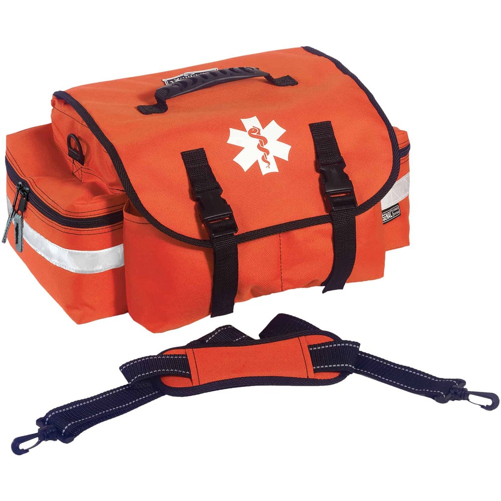 EGO13418 - Arsenal 5210 Small Trauma Bag features multiple compartments to hold your trauma supplies, including splints, burn dressing, gloves, bandages and more. Foam padded sides protect supplies. Main hold is divided into three open compartments. Bag also includes two open compartments and two side pockets (2-1/2" x 8" x 4-1/2") with zippers. Reflective stripes on the three sides of both side pockets offer better visibility. ID card window on the back lets you load your identifying information. Bag is made of 600D polyester with reinforced backing. Small size means it is easily stowed. First aid supplies are not included.
