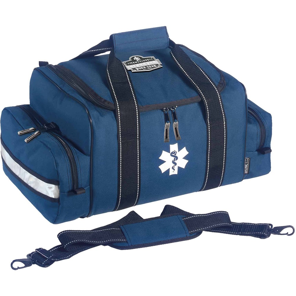 EGO13438 - Arsenal 5215 Large Trauma Bag features multiple compartments to hold your trauma supplies, including splints, burn dressing, gloves, bandages and more. Customize the main hold (14" x 12" x 8-1/2") with adjustable internal dividers. Bag also includes two side pockets (2-1/2" x 12" x 5") with zippers. Reflective stripes on the front of both side pockets offer better visibility. ID card window on the back lets you load your information for easy identification. Bag is made of 600D polyester with reinforced backing. First aid supplies are not included.