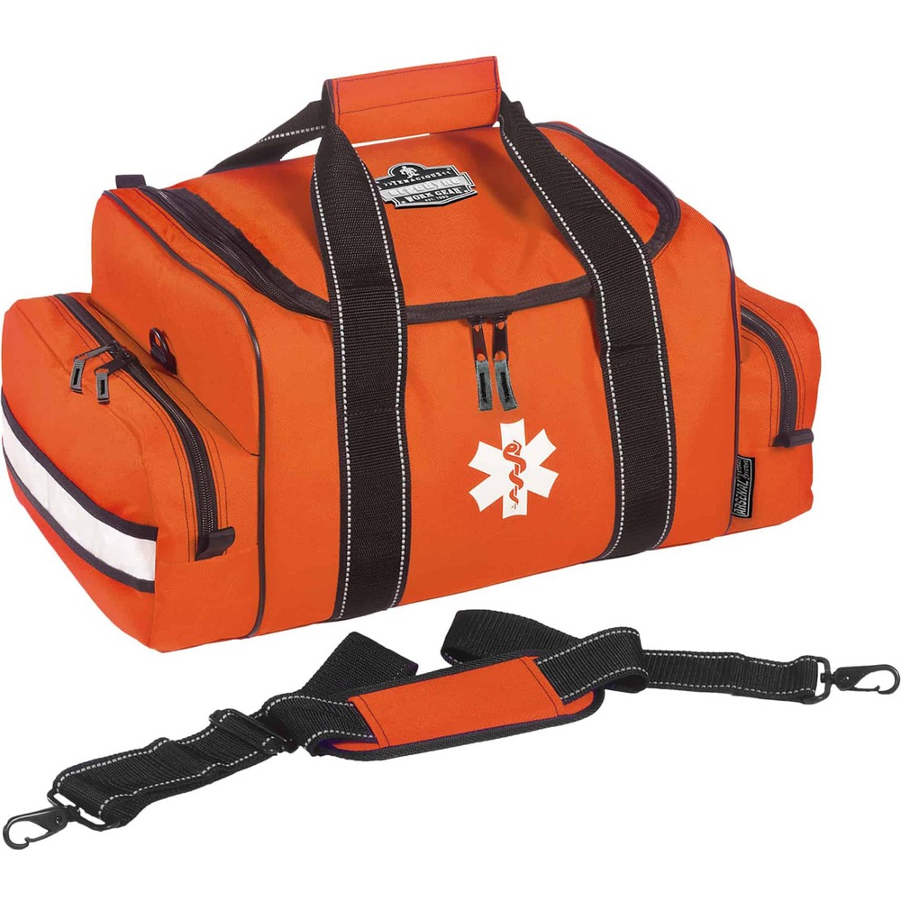 EGO13437 - Arsenal 5215 Large Trauma Bag features multiple compartments to hold your trauma supplies, including splints, burn dressing, gloves, bandages and more. Customize the main hold (14" x 12" x 8-1/2") with adjustable internal dividers. Bag also includes two side pockets (2-1/2" x 12" x 5") with zippers. Reflective stripes on the front of both side pockets offer better visibility. ID card window on the back lets you load your information for easy identification. Bag is made of 600D polyester with reinforced backing. First aid supplies are not included.
