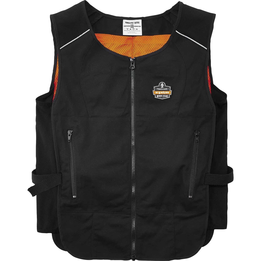 EGO12123 - Chill-Its 6255 Lightweight Phase Change Cooling Vest keeps workers cooler, safer and more productive. Pair with Chill-Its 6250 Cooling Packs (not included) that maintain a 64-degree Fahrenheit (18-degree Celsius) temperature for up to 2 hours when activated. Lightweight packs quickly recharge in as little as 5 minutes and feature a grid design that eliminates stiffness for more flexibility while you work. Made with a polyester cotton-blend fabric, the vest's adjustable, hook-and-loop closures around the waist provide a customized fit for different body types. Heavy-duty front zipper allows easy on/off. Two front zippered pockets can be used to store cell phones and other small accessories. This size fits chests 30.75" in diameter and has a 22.75" long center back.