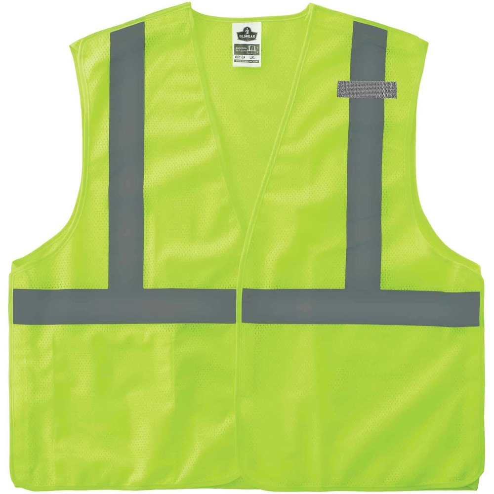 EGO21079 - GloWear Type R Class 2 Breakaway Mesh Vest combines protection, job-specific performance, innovation and style. Polyester mesh in an eye-catching fluorescent color is highly visible and ANSI/ISEA 107-2020, Type R Class 2 compliant with 2" reflective tape for low-light visibility. Design includes breakaway hook-and-loop closures on the shoulders and sides for safety around snag hazards and moving parts. Machine-washable, breathable mesh fabric is lightweight, weighing only 3.3 oz. Lower interior pocket offers storage for essentials such as pens and notepads. MIC tab offers convenient radio access. Dual sizing fits a range of body sizes, can offer a looser fit and is good for wear with jackets. Vest is great for road construction, utility crews, survey crews, construction, railway workers, baggage handlers, emergency response and warehousing/distribution. 4X/5X size fits torsos up to 65" wide and offers a 28-1/2" long center back.