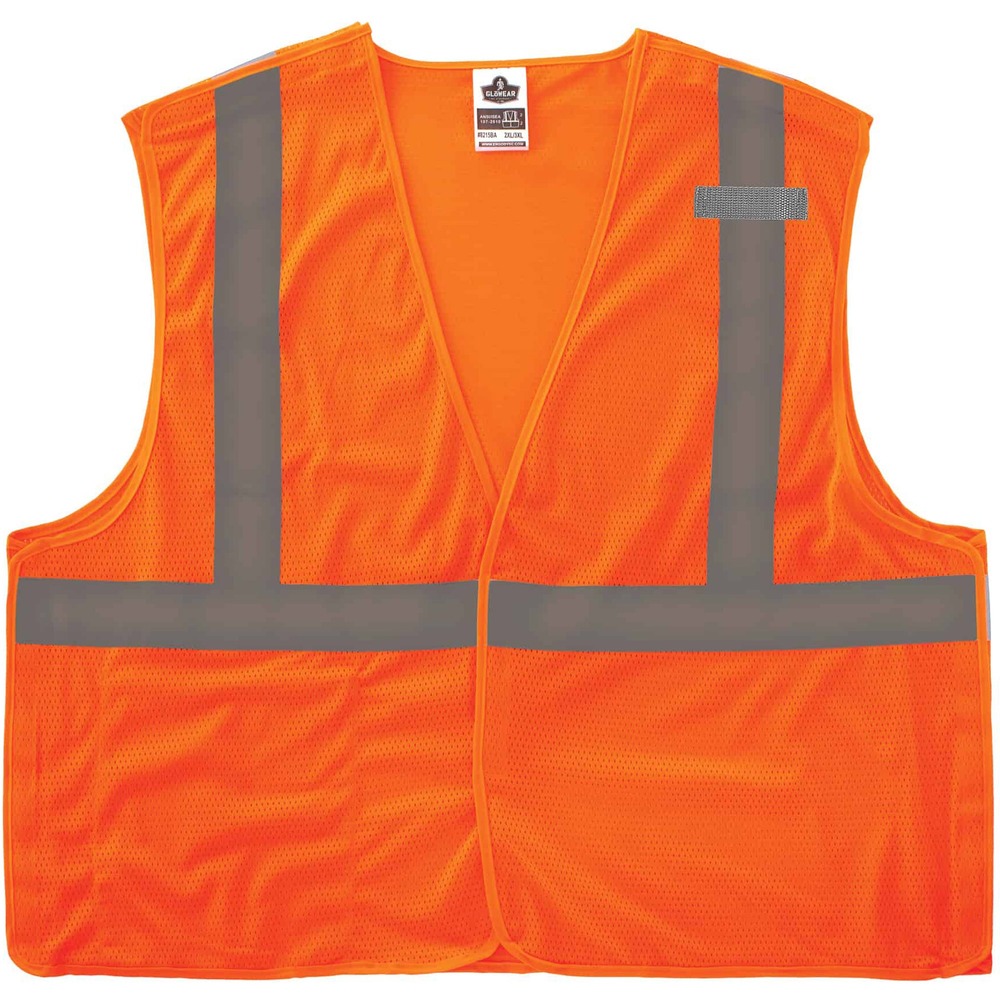 EGO21069 - GloWear Type R Class 2 Breakaway Mesh Vest combines protection, job-specific performance, innovation and style. Polyester mesh in an eye-catching fluorescent color is highly visible and ANSI/ISEA 107-2020, Type R Class 2 compliant with 2" reflective tape for low-light visibility. Design includes breakaway hook-and-loop closures on the shoulders and sides for safety around snag hazards and moving parts. Machine-washable, breathable mesh fabric is lightweight, weighing only 3.3 oz. Lower interior pocket offers storage for essentials such as pens and notepads. MIC tab offers convenient radio access. Dual sizing fits a range of body sizes, can offer a looser fit and is good for wear with jackets. Vest is great for road construction, utility crews, survey crews, construction, railway workers, baggage handlers, emergency response and warehousing/distribution. 4X/5X size fits torsos up to 65" wide and offers a 28-1/2" long center back.