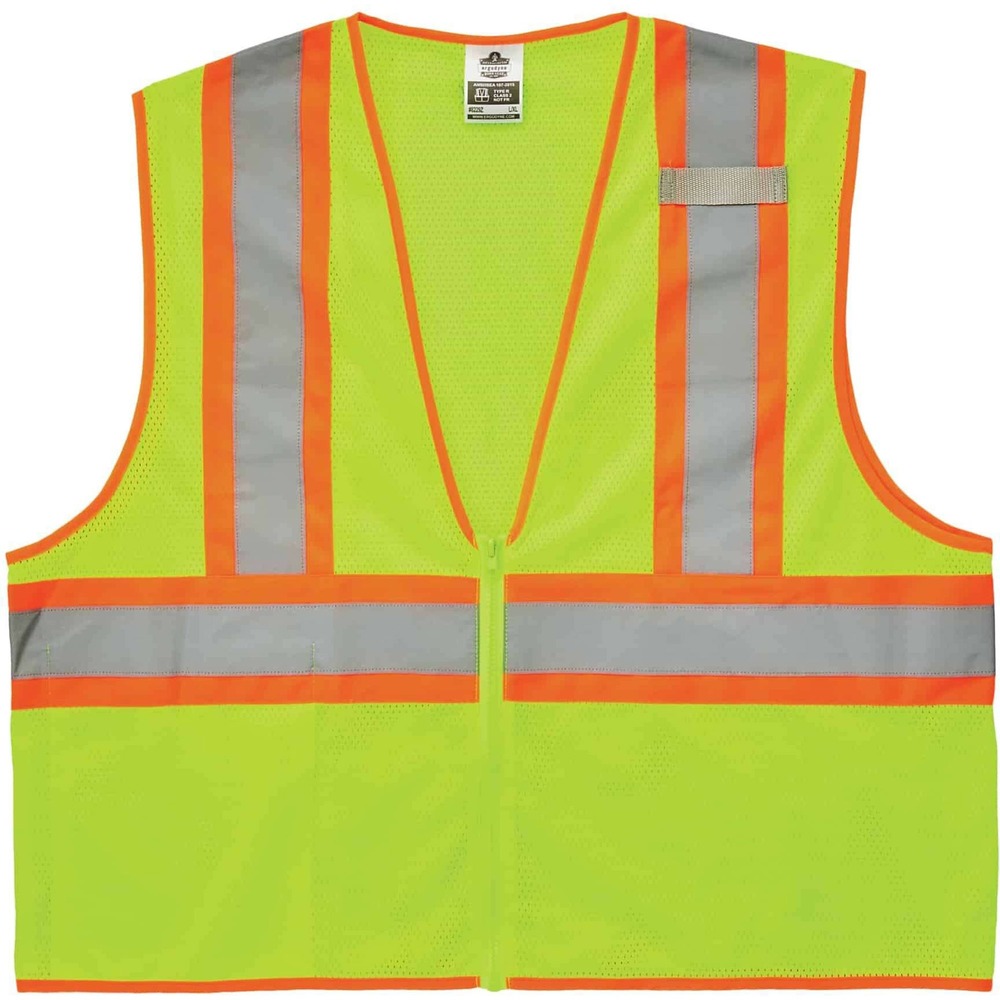 EGO21291 - Class 2 Economy Two-tone Vest combines protection, job-specific performance, innovation and style. Design includes ANSI-compliant polyester mesh in an eye-catching fluorescent color and 2" Level 2 ANSI-compliant reflective material set on 4-1/2" contrasting-color background. As light diminishes, background material plays less and less of a role in maintaining conspicuity. That's when retroreflective technologies are so important to make sure workers are seen. The machine-washable mesh fabric is lightweight, weighing only 3.3 oz. Securely close with the zipper. Single inside pocket offers storage for essentials. GloWear 8229Z vest is great for road construction, utility crews, survey crews, construction, railway workers, baggage handlers, emergency response and warehousing/distribution. Extra-small size fits chests from 32" to 36".