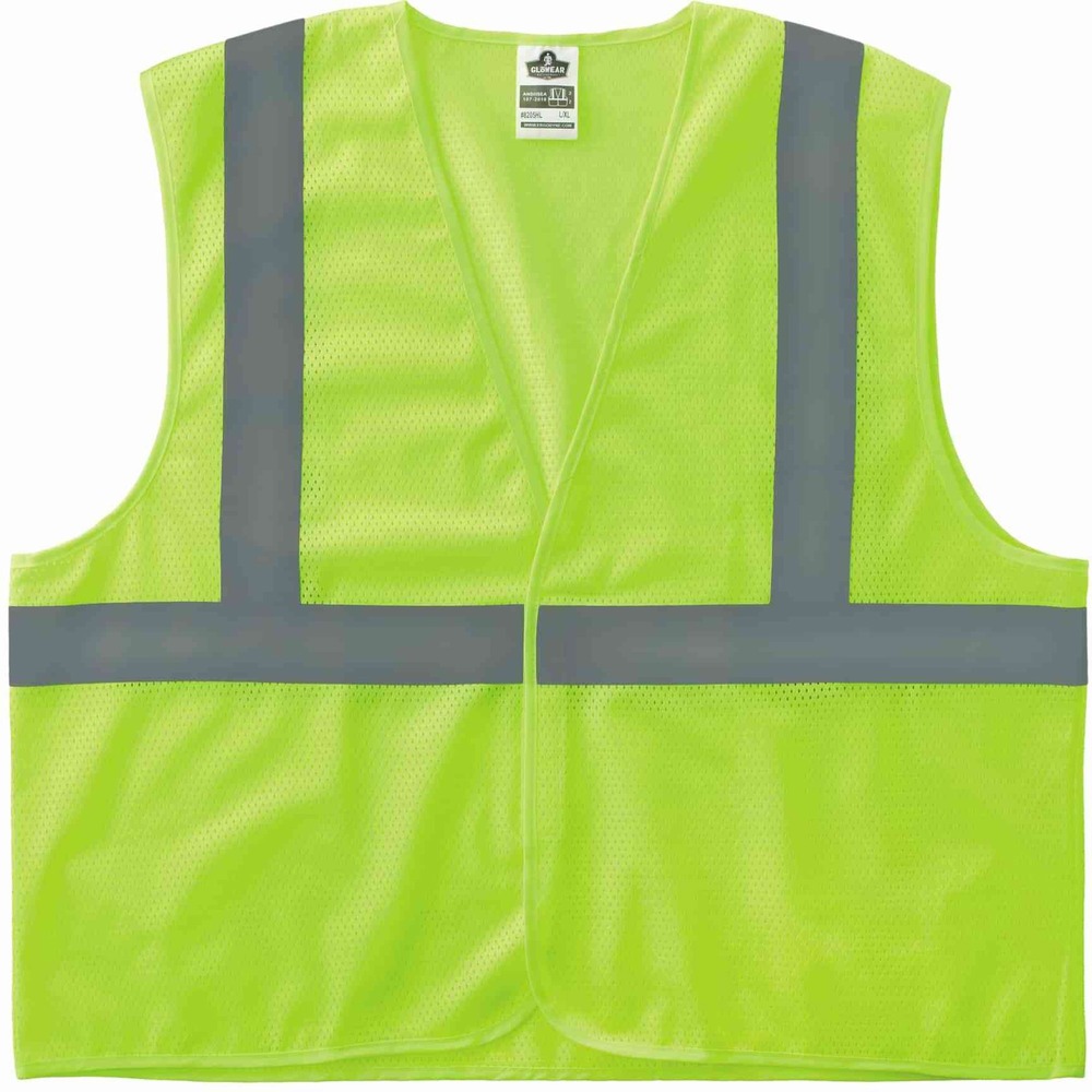 EGO20971 - GloWear Type R Class 2 Super Econo Mesh Vest combines protection, job-specific performance, innovation and style. Polyester mesh in an eye-catching fluorescent color is highly visible and ANSI/ISEA 107, Type R Class 2 compliant with 2" reflective tape for low-light visibility. Machine-washable, breathable mesh fabric with hook-and-loop closure is lightweight, weighing only 3.3 oz. GloWear 8205HL Vest is great for road construction, utility crews, survey crews, construction, railway workers, baggage handlers, emergency response and warehousing/distribution.