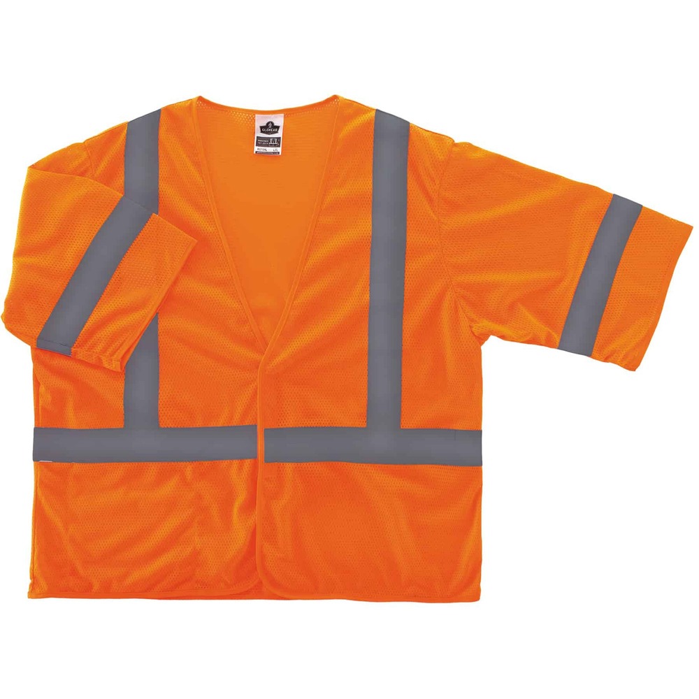 EGO22019 - Class 3 Economy Vest with short sleeves combines protection, job-specific performance, innovation and style. Design includes ANSI-compliant polyester mesh in an eye-catching fluorescent color and 2" Level 2 ANSI-compliant reflective material. The machine-washable mesh fabric is lightweight, weighing only 3.3 oz. Hook-and-loop closure makes it easy to close. Single inside pocket offers storage for essentials. GloWear 8310HL vest is great for flagging crews, road construction, utility crews, survey crews, construction, emergency response and railway workers. 4X/5X Large size fits chests from 58" to 64".