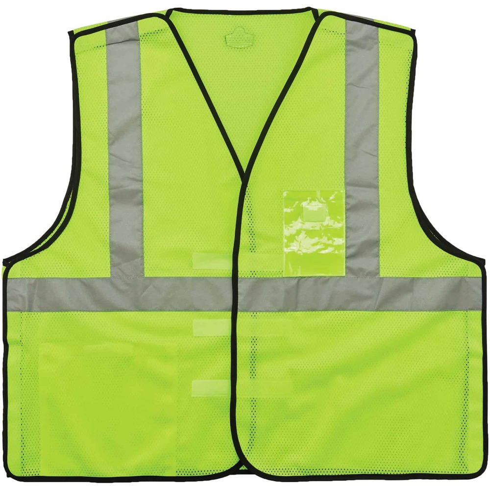 EGO21095 - GloWear Type R Class 2 Breakaway Mesh Vest with ID badge holder combines protection, job-specific performance, innovation and style. Polyester mesh in an eye-catching fluorescent color is highly visible and ANSI/ISEA 107, Type R Class 2 compliant with 2" reflective tape for low-light visibility. Design includes breakaway hook-and-loop closures on the shoulders and sides for safety around snag hazards and moving parts. Machine-washable, breathable mesh fabric is lightweight, weighing only 3.3 oz. Lower interior pocket offers storage for essentials such as pens and notepads. Exterior ID badge holder with pocket behind it offers convenient visibility and extra storage for essentials. Dual sizing fits a range of body sizes. Vest is great for road construction, utility crews, survey crews, construction, railway workers, baggage handlers, emergency response and warehousing/distribution.