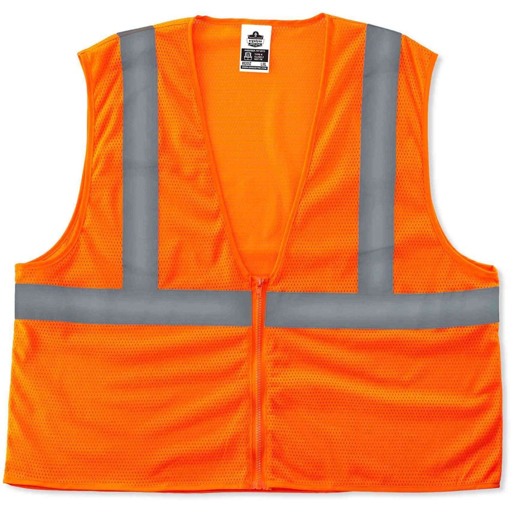 EGO20989 - GloWear Type R Class 2 Mesh Hi-Vis Safety Vest combines protection, job-specific performance, innovation and style. Polyester mesh in an eye-catching fluorescent color is highly visible and ANSI/ISEA 107-2020, Type R Class 2 compliant with 2" reflective tape for low-light visibility. Machine-washable, breathable mesh fabric with zipper closure is lightweight, weighing only 3.3 oz. Dual sizing fits a range of body sizes, can offer a looser fit and is good for wear with jackets. GloWear 8205Z Vest is great for road construction, utility crews, survey crews, construction, railway workers, baggage handlers, emergency response and warehousing/distribution. 4X/5X size fits torsos up to 65" wide and offers a 28-1/2" long center back.