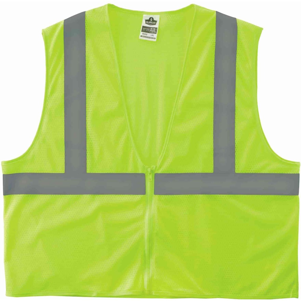 EGO20995 - GloWear Type R Class 2 Mesh Hi-Vis Safety Vest combines protection, job-specific performance, innovation and style. Polyester mesh in an eye-catching fluorescent color is highly visible and ANSI/ISEA 107-2020, Type R Class 2 compliant with 2" reflective tape for low-light visibility. Machine-washable, breathable mesh fabric with zipper closure is lightweight, weighing only 3.3 oz. Dual sizing fits a range of body sizes, can offer a looser fit and is good for wear with jackets. GloWear 8205Z Vest is great for road construction, utility crews, survey crews, construction, railway workers, baggage handlers, emergency response and warehousing/distribution. Large/Extra-Large size fits torsos up to 55" wide and offers a 26-1/2" long center back.