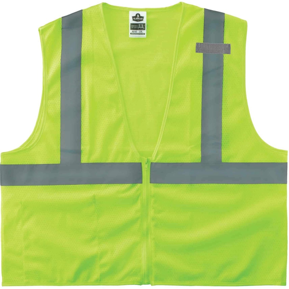 EGO21053 - GloWear Type R Class 2 Super Econo Mesh Vest combines protection, job-specific performance, innovation and style. Polyester mesh in an eye-catching fluorescent color is highly visible and ANSI/ISEA 107, Type R Class 2 compliant with 2" reflective tape for low-light visibility. Machine-washable mesh fabric is lightweight, only weighing 3.3 oz. Use the zipper to securely close. Single interior pocket offers storage for essentials. Mic tab allows convenient radio access. GloWear 8210Z vest is great for road construction, utility crews, survey crews, construction, railway workers, baggage handlers, emergency response and warehousing/distribution. Dual sizing fits a range of body sizes. Small/Medium size with 25.5" long center back fits torsos up to 50".