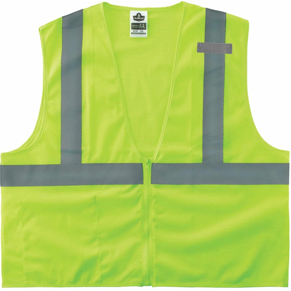 EGO21051 - GloWear Type R Class 2 Super Econo Mesh Vest combines protection, job-specific performance, innovation and style. Polyester mesh in an eye-catching fluorescent color is highly visible and ANSI/ISEA 107, Type R Class 2 compliant with 2" reflective tape for low-light visibility. Machine-washable mesh fabric is lightweight, only weighing 3.3 oz. Use the zipper to securely close. Single interior pocket offers storage for essentials. Mic tab allows convenient radio access. Dual sizing fits a range of body sizes. GloWear 8210Z vest is great for road construction, utility crews, survey crews, construction, railway workers, baggage handlers, emergency response and warehousing/distribution. Extra-Small size with 25" long center back fits torsos up to 45".