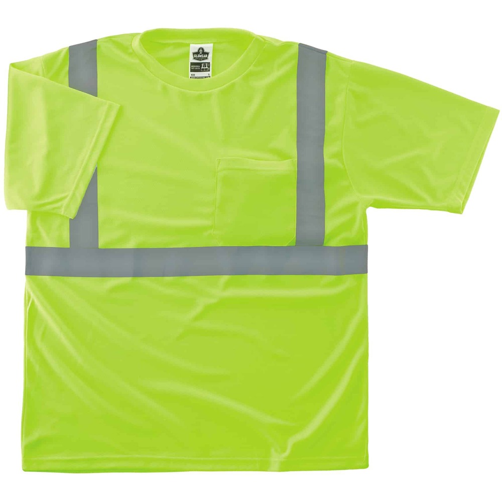 EGO21508 - Class 2 T-shirt combines protection, job-specific performance, innovation and style. Design includes ANSI-compliant, polyester breathable knit in an eye-catching fluorescent color and 2" Level 2 ANSI-compliant, heat-transfer reflective material for flexible comfort. The machine-washable birdseye fabric is lightweight, weighing only 4.1 oz., and features a moisture-wicking treatment to help keep you dry. Outer pocket offers storage for essentials. GloWear 8289 T-shirt is great for road construction, utility crews, survey crews, construction, railway workers, baggage handlers, emergency response and warehousing/distribution. 4XL size fits chests from 52" to 54".