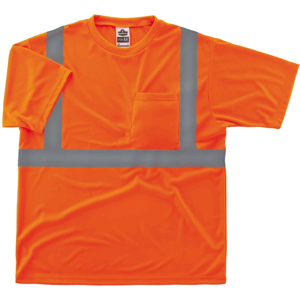 EGO21519 - Class 2 T-shirt combines protection, job-specific performance, innovation and style. Design includes ANSI-compliant, polyester breathable knit in an eye-catching fluorescent color and 2" Level 2 ANSI-compliant, heat-transfer reflective material for flexible comfort. The machine-washable birdseye fabric is lightweight, weighing only 4.1 oz., and features a moisture-wicking treatment to help keep you dry. Outer pocket offers storage for essentials. GloWear 8289 T-shirt is great for road construction, utility crews, survey crews, construction, railway workers, baggage handlers, emergency response and warehousing/distribution. 5XL size fits chests from 54" to 56".