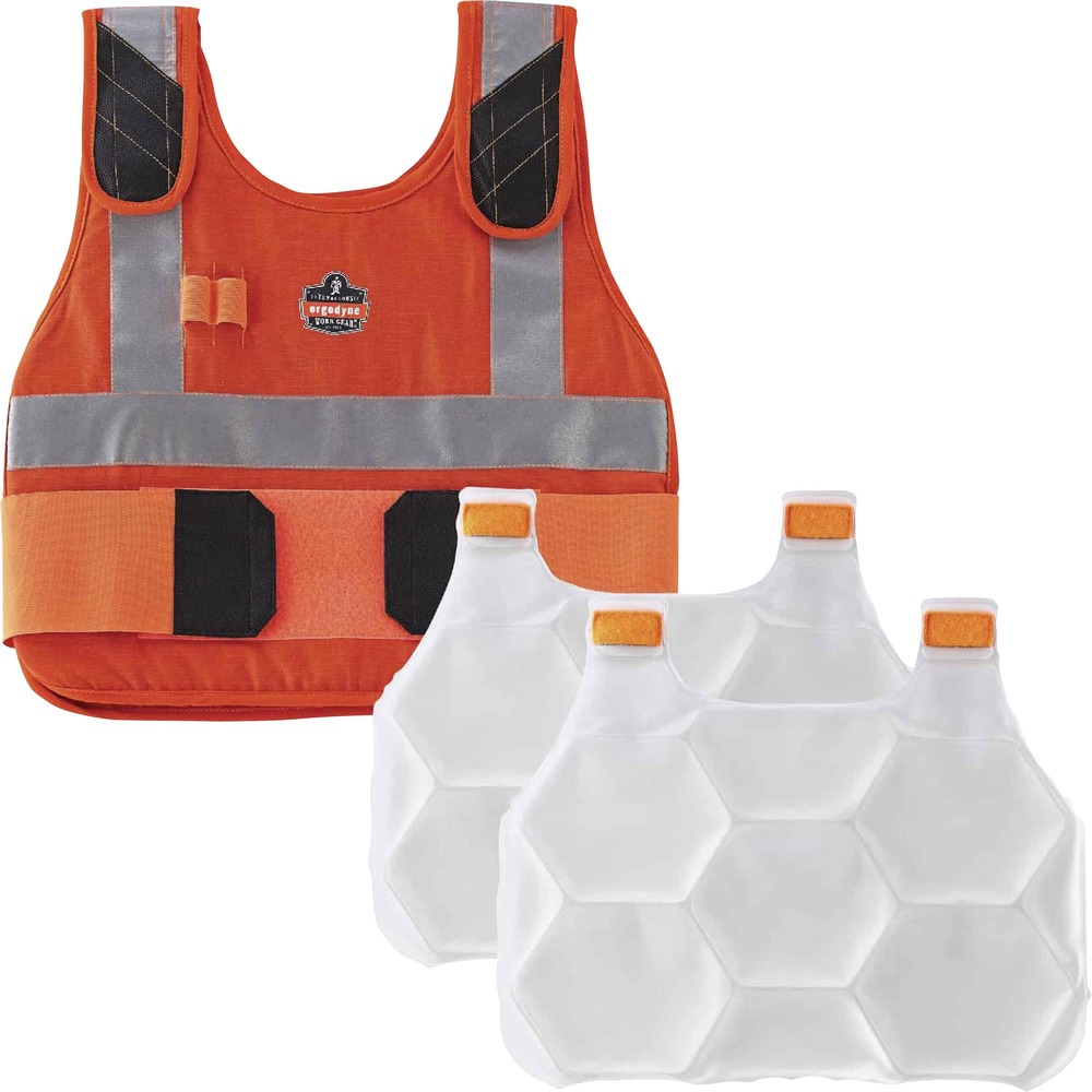 EGO12221 - Chill-Its 6215 Premium FR Phase Change Cooling Vest with two packs keeps workers cooler, safer and more productive, maintaining a 64-degree Fahrenheit (18-degree Celsius) temperature for up to 4 hours when activated. Cooling packs quickly recharge in 10 minutes. Patented honeycomb, ice pack design eliminates stiffness for more flexibility while you work. Extended vest surface area enhances cooling power. Flame-resistant vest is made of a modacrylic, cotton blend, FR fabric that meets ASTM F1506 requirements as well as being classified to NFPA (CAT1). Adjustable hook-and-loop closures at the shoulders and waist provide a customized, comfortable fit. Reflective accents mean more visibility on busy streets or jobsites. Two pen slots on the right side keep your writing utensils handy. Body cooling vest delivers instant cooling relief for anyone working or playing outside or indoors in warm temperatures where heat-related illnesses are possible. This size fits 40" to 52" chests.
