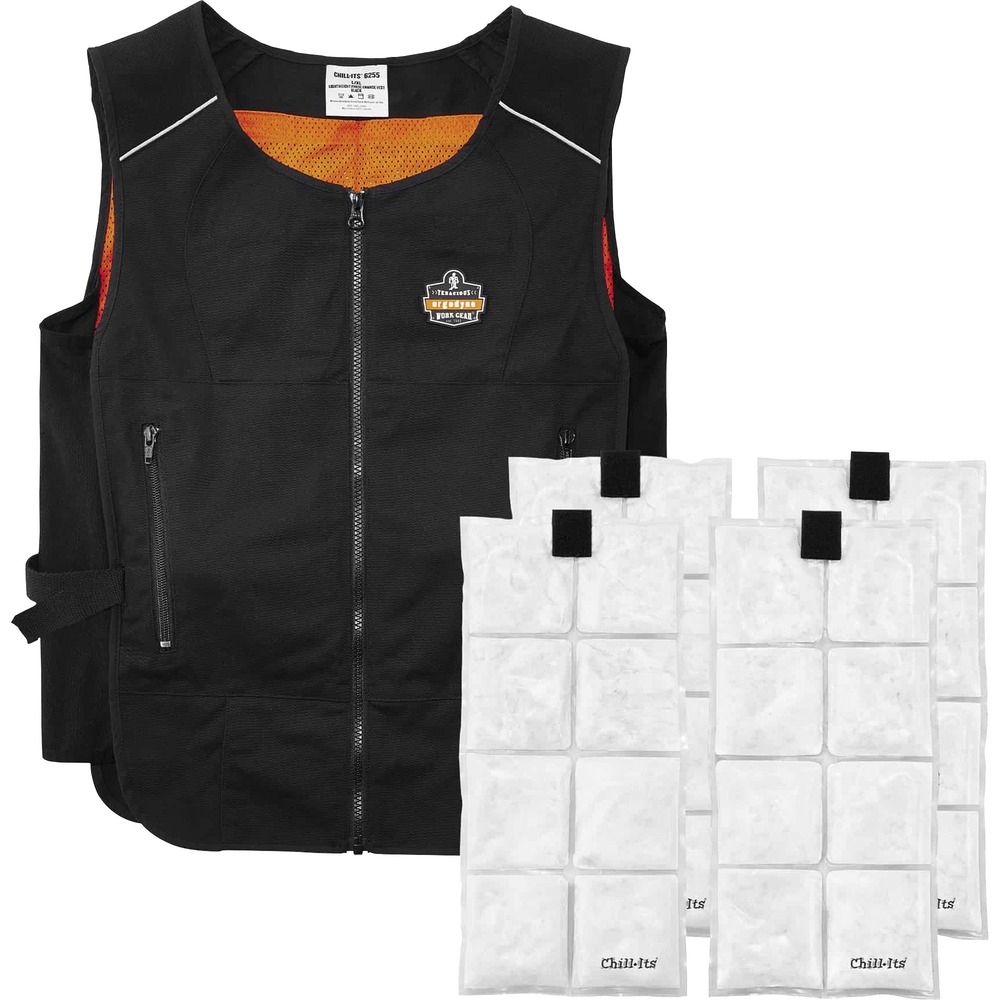 EGO12133 - Chill-Its 6260 Lightweight Phase Change Cooling Vest with packs keeps workers cooler, safer and more productive. The included cooling packs maintain a 64-degree Fahrenheit (18-degree Celsius) temperature for up to 2 hours when activated. Lightweight packs quickly recharge in as little as 5 minutes and feature a grid design that eliminates stiffness for more flexibility while you work. Made with a polyester cotton-blend fabric, the vest's adjustable, hook-and-loop closures around the waist provide a customized fit for different body types. Heavy-duty front zipper allows easy on/off. Two front zippered pockets can be used to store cell phones and other small accessories. This size fits 30-3/4" diameter chests and has a 22-3/4" long center back.