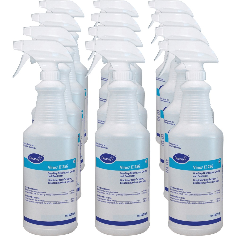 DVOD03916CT - Empty spray bottle is specially designed for use with Diversey Virex II 256, a one-step, quaternary-based, disinfectant/cleaner concentrate providing broad-spectrum disinfection at 1:256 dilution. The sturdy plastic bottle is labeled with the product name and directions so you can use the blue cleaner (sold separately) carefully. Top screws off easily so you can pour the cleaner inside. Neck is ridged for a comfortable grip.