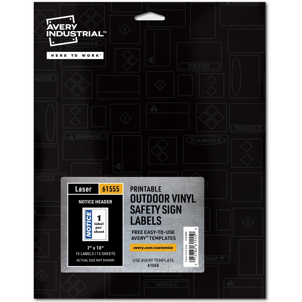AVE61555 - Customizable, self-adhesive vinyl signs come preprinted with a NOTICE header. Customize the rest of the sign with any standard laser printer. Ideal for outdoor and heavy-duty indoor applications, these UV-resistant vinyl signs let you instantly create new and replacement signs onsite so you can implement important messages without waiting. NOTICE is the preferred signal word to address practices not related to personal injury, such as exit and access signs, housekeeping messages and trespassing warnings. Industrial-grade, durable vinyl film and strong, permanent adhesive are ideal for construction, warehouse, manufacturing and medical facility applications. Sign labels stick firmly to metal, plastic, glass and wood. This 3.4 mil vinyl film also conforms to rough surfaces like concrete, cinderblock and industrial tubing, lasting up to 2 years outdoors. They are waterproof, fade-resistant and abrasion-resistant. Each sheet includes one label. More from the Manufacturer