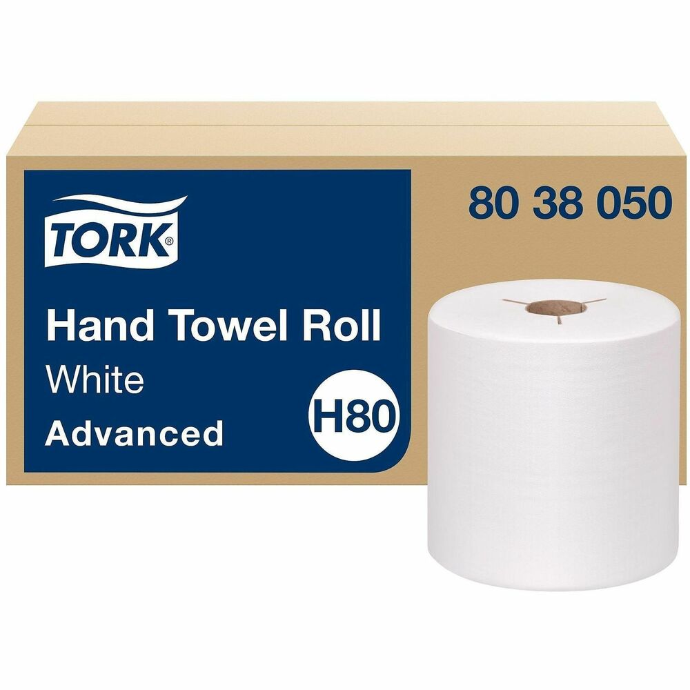 TRK8038050 - Tork Hand Towel Roll White H80: Reduce maintenance costs and time with paper hand towels that offer high absorbency and more value than traditional hand-drying towels, with fewer needed per use. Not your standard paper towel, these 800 linear foot roll towels work especially well in high-traffic establishments. And with a 100% FSC certified fresh wood-based fiber construction, our hand towels are as good for your image as they are for your carbon footprint. Advantages at a glance:  + Provides up to 960 towels per roll in Tork H80 dispensers + FSC certified + High capacity   + Reduces waste  + Tork Easy Handling packaging Compatible with Tork H80 dispensers. More from the Manufacturer