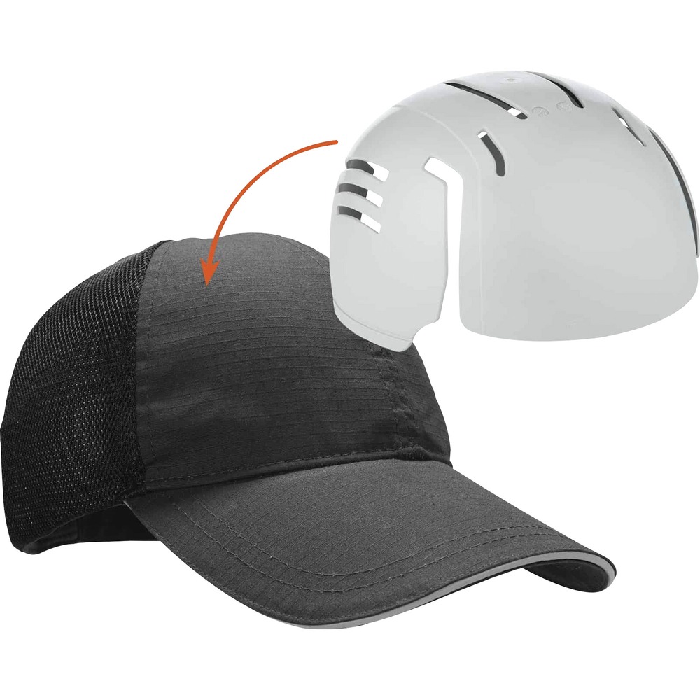 EGO23402 - Skullerz 8946 Standard Baseball Cap with bump cap insert is designed for use on work sites where hard hats aren't required, but added head impact protection is still needed to shield against bumps, scrapes, bruises and other minor head injuries. Customizable baseball cap integrates with the Skullerz 8945 Universal Bump Cap Insert (included) that is a lightweight, impact-resistant shell featuring an interior foam pad for additional impact protection and comfort. Reflective piping on brim helps keep workers safe and seen. With adjustable hook-and-loop closure, one size fits most. Machine-washable, mesh back half offers increased airflow and cooler feel for breathability.
