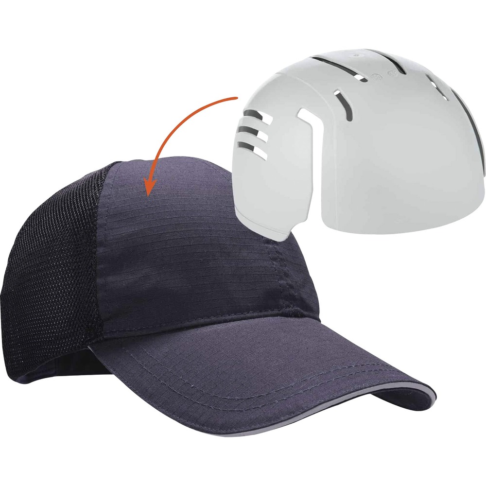 EGO23403 - Skullerz 8946 Standard Baseball Cap with bump cap insert is designed for use on work sites where hard hats aren't required, but added head impact protection is still needed to shield against bumps, scrapes, bruises and other minor head injuries. Customizable baseball cap integrates with the Skullerz 8945 Universal Bump Cap Insert (included) that is a lightweight, impact-resistant shell featuring an interior foam pad for additional impact protection and comfort. Reflective piping on brim helps keep workers safe and seen. With adjustable hook-and-loop closure, one size fits most. Machine-washable, mesh back half offers increased airflow and cooler feel for breathability.