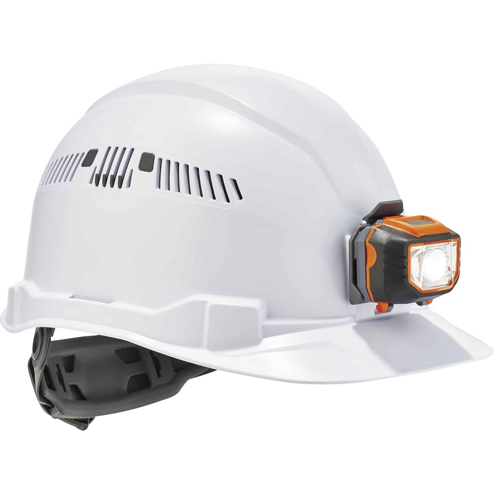 EGO60146 - Skullerz 8972LED Class C Cap-Style Hard Hat with LED light and four-point ratchet suspension is heavy-duty yet lightweight and comfortable head protection. It is built to protect the top of the head from falling objects or bumping into stationary objects. Machine-washable, removable top pad and padded sweatband that is moisture-wicking odor-resistant line the sides, forehead and top interior. Flexible open frame, adjustable venting and the suspension allow a cooler hard hat in the heat and a dry hard hat in the rain. Wear it backwards to improve upward visibility or forward to keep sun and rain away from the eyes. Easy, one-handed adjustment knob pivots to clear bandana or ponytail knots and improve fit. This Class C hard hat is certified and meets requirements of the ANSI Z89.1-2014, CSA Z94.1-15, Type 1, Class C standard. It also features slotted and mounting locations for accessories, such as chin strap, ear protection and face shield. Hard hat fits hat sizes 6-1/2" to 8".