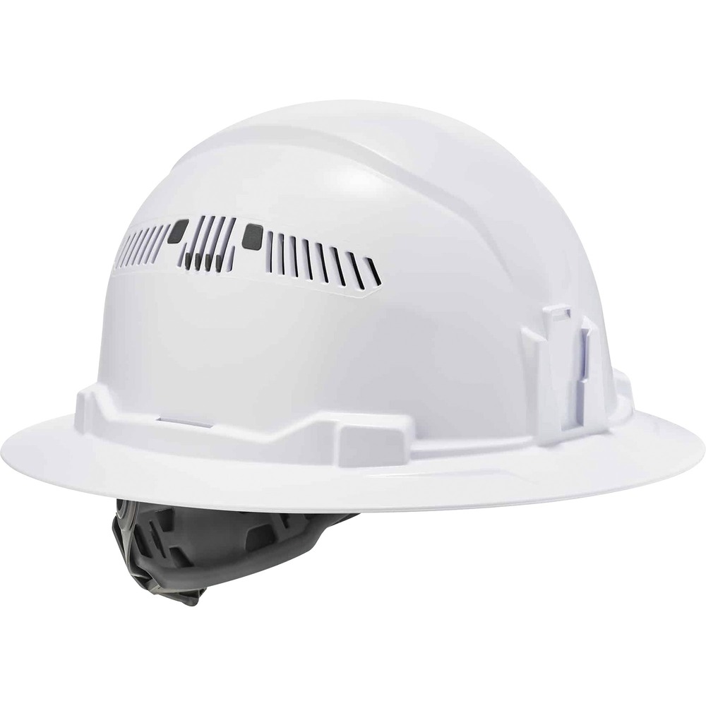 EGO60154 - Skullerz 8973 Class C Full Brim Hard Hat with four-point ratchet suspension is heavy-duty yet lightweight and comfortable head protection. It is built to protect the top of the head from falling objects or bumping into stationary objects. Machine-washable, removable top pad and padded sweatband that is moisture-wicking odor-resistant line the sides, forehead and top interior. Full brim provides 360 degrees of protection from sun and rain. Flexible open frame and four-point suspension improve air circulation. Adjustable venting allows a cooler hard hat in the heat and a dry hard hat in the rain. Easy, one-handed adjustment knob pivots to clear bandana or ponytail knots and improve fit. This Class C hard hat is certified and meets requirements of the ANSI Z89.1-2014, CSA Z94.1-15, Type 1, Class C standard. It also features slotted and mounting locations for accessories, such as chin strap, ear protection and face shield. Hard hat fits hat sizes 6-1/2" to 8".