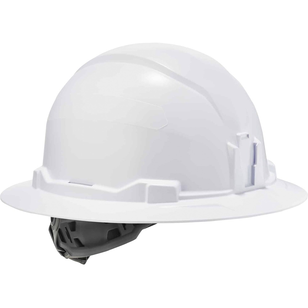 EGO60150 - Skullerz 8971 Class E Full Brim Hard Hat with four-point ratchet suspension is heavy-duty yet lightweight and comfortable head protection. It is built to protect the top of the head from falling objects or bumping into stationary objects. Machine-washable, removable top pad and padded sweatband that is moisture-wicking odor-resistant line the sides, forehead and top interior. Full brim provides 360 degrees of protection from sun and rain. Flexible open frame and four-point suspension improve air circulation. Easy, one-handed adjustment knob pivots to clear bandana or ponytail knots and improve fit. This Class E hard hat is certified and meets requirements of the ANSI Z89.1-2014, CSA Z94.1-15, Type 1, Class E standard. It also features slotted and mounting locations for accessories, such as chin strap, ear protection and face shield. Hard hat fits hat sizes 6-1/2" to 8".