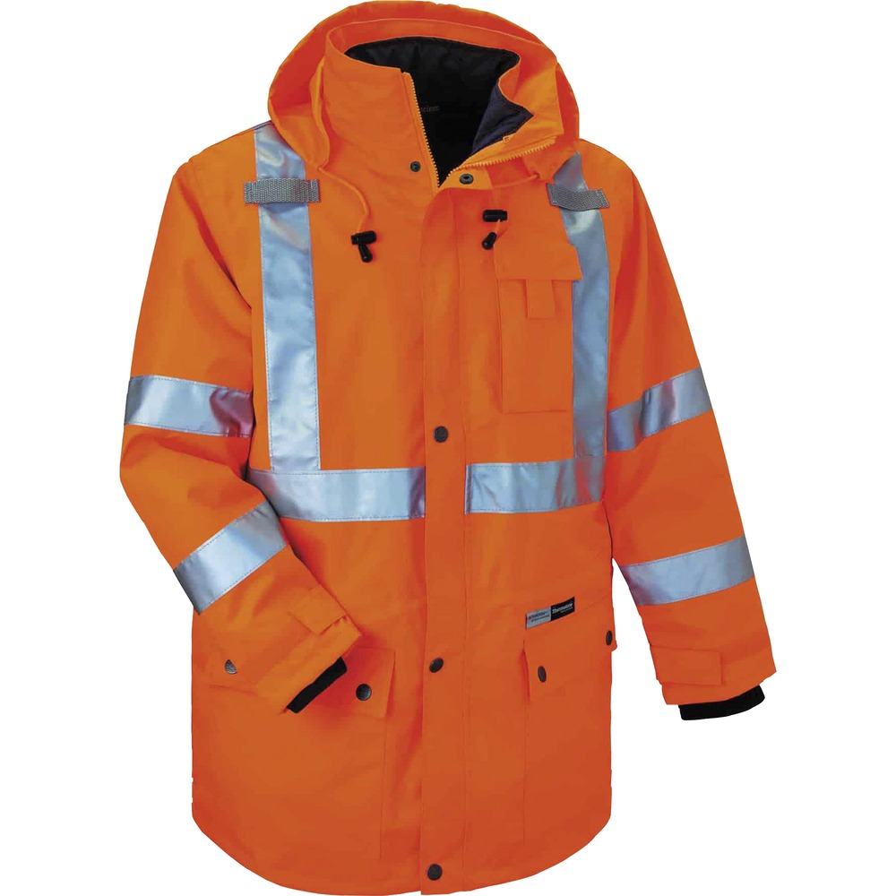 EGO24377 - GloWear 8385 4-in-1 High Visibility Jacket - Type R, Class 3 - is the only jacket you will need to wear all year. High-visibility color increases your visibility during the day, as well as at night, when illuminated by lights. The 2" ANSI-compliant 3M Scotchlite Reflective tape goes horizontally and vertically across the chest and horizontally around the arms. Weatherproof outer shell is made of 300D oxford with breathable polyurethane coating. Inner jacket has a 100g 3M Thinsulate lining. Safety jacket also features an inset hood with drawstring and stoppers, two external front pockets with snap flaps, cell phone chest pocket, dual mic tabs for clipping radios and YKK No. 5 zippers. Sleeves are removable so the jacket transforms into a vest. This size fits chests from 50" to 54".