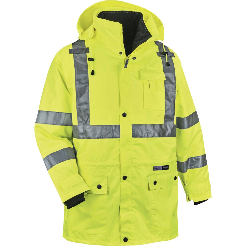 EGO24388 - GloWear 8385 4-in-1 High Visibility Jacket - Type R, Class 3 - is the only jacket you will need to wear all year. High-visibility color increases your visibility during the day, as well as at night, when illuminated by lights. The 2" ANSI-compliant 3M Scotchlite Reflective tape goes horizontally and vertically across the chest and horizontally around the arms. Weatherproof outer shell is made of 300D oxford with breathable polyurethane coating. Inner jacket has a 100g 3M Thinsulate lining. Safety jacket also features an inset hood with drawstring and stoppers, two external front pockets with snap flaps, cell phone chest pocket, dual mic tabs for clipping radios and YKK No. 5 zippers. Sleeves are removable so the jacket transforms into a vest. This size fits chests from 54" to 58".