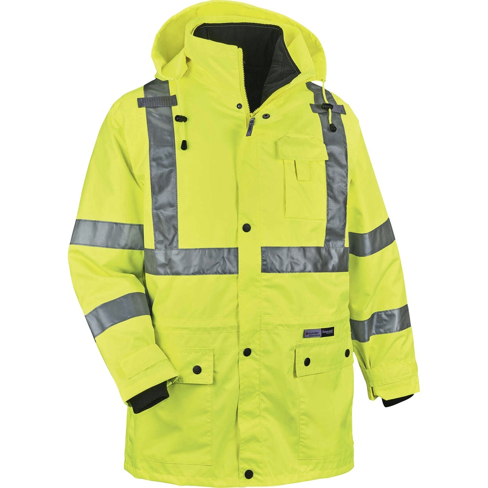EGO24389 - GloWear 8385 4-in-1 High Visibility Jacket - Type R, Class 3 - is the only jacket you will need to wear all year. High-visibility color increases your visibility during the day, as well as at night, when illuminated by lights. The 2" ANSI-compliant 3M Scotchlite Reflective tape goes horizontally and vertically across the chest and horizontally around the arms. Weatherproof outer shell is made of 300D oxford with breathable polyurethane coating. Inner jacket has a 100g 3M Thinsulate lining. Safety jacket also features an inset hood with drawstring and stoppers, two external front pockets with snap flaps, cell phone chest pocket, dual mic tabs for clipping radios and YKK No. 5 zippers. Sleeves are removable so the jacket transforms into a vest. This size fits chests from 58" to 62".