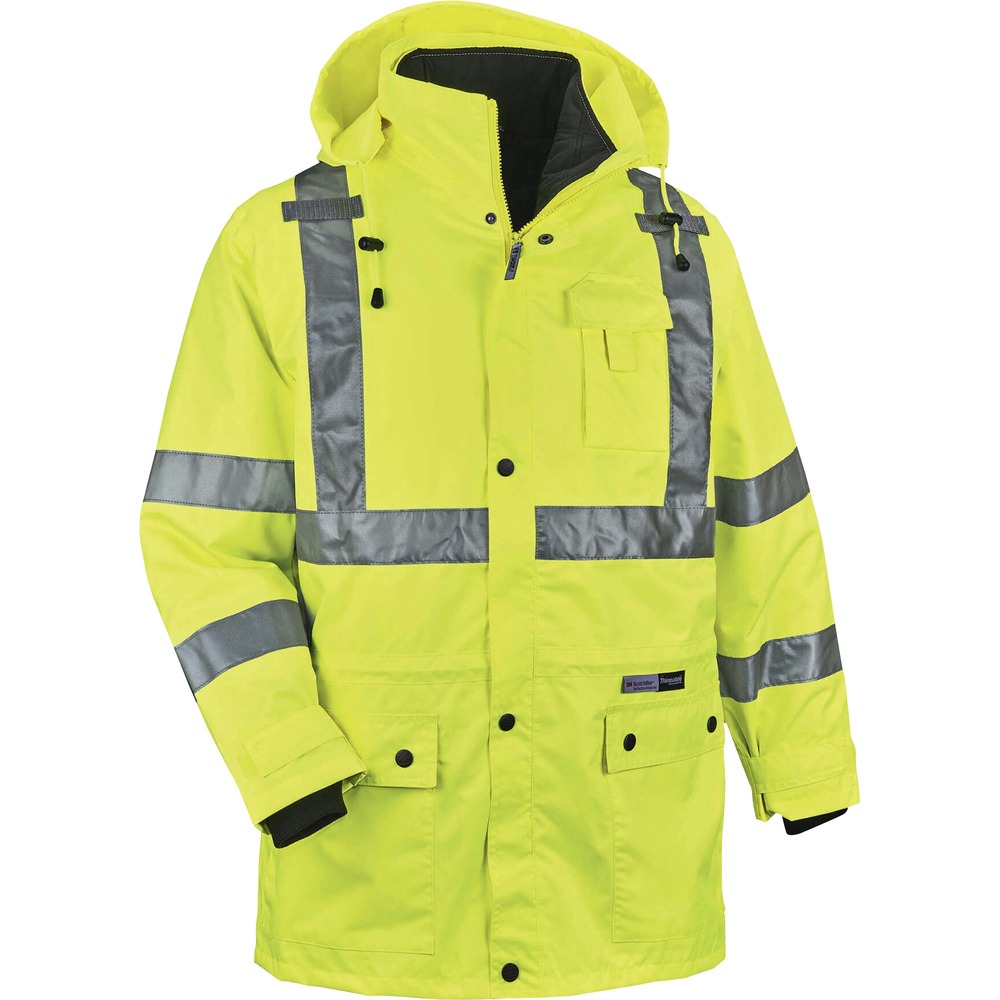 EGO24384 - GloWear 8385 4-in-1 High Visibility Jacket - Type R, Class 3 - is the only jacket you will need to wear all year. High-visibility color increases your visibility during the day, as well as at night, when illuminated by lights. The 2" ANSI-compliant 3M Scotchlite Reflective tape goes horizontally and vertically across the chest and horizontally around the arms. Weatherproof outer shell is made of 300D oxford with breathable polyurethane coating. Inner jacket has a 100g 3M Thinsulate lining. Safety jacket also features an inset hood with drawstring and stoppers, two external front pockets with snap flaps, cell phone chest pocket, dual mic tabs for clipping radios and YKK No. 5 zippers. Sleeves are removable so the jacket transforms into a vest. This size fits chests from 38" to 42".