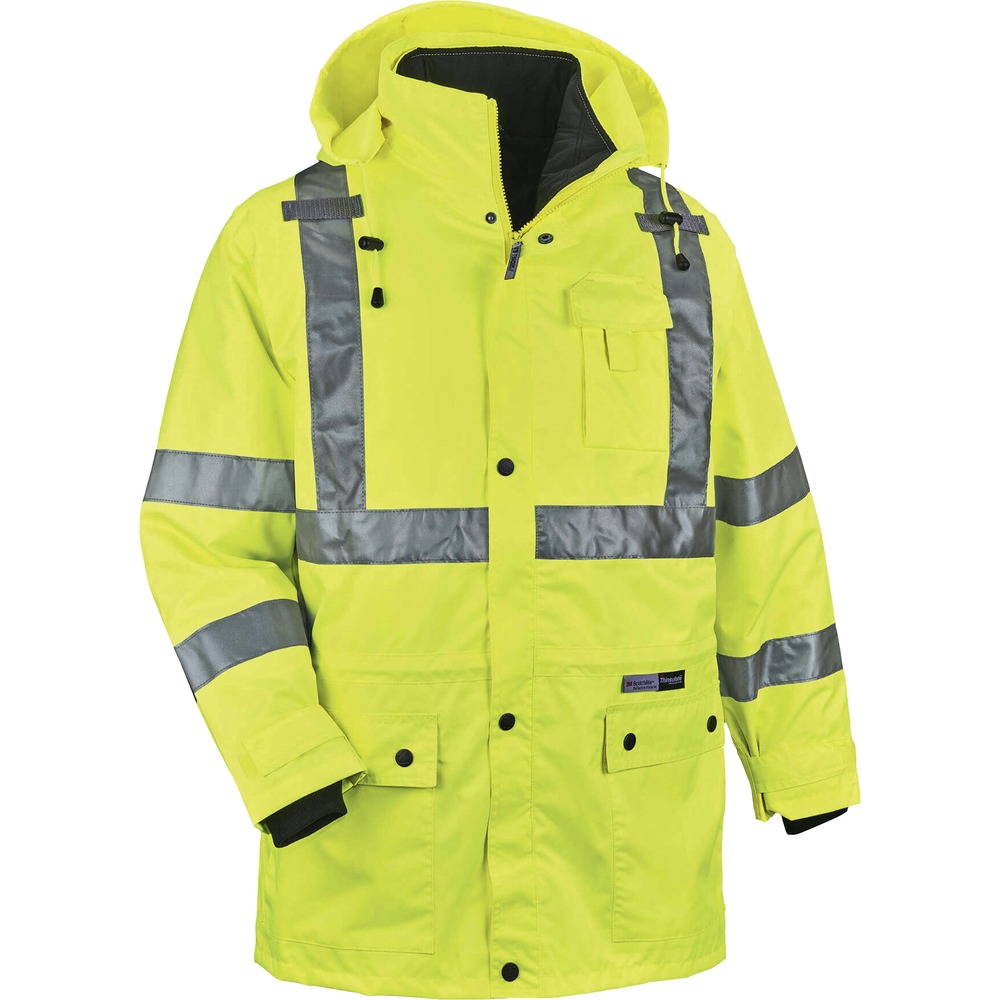 EGO24385 - GloWear 8385 4-in-1 High Visibility Jacket - Type R, Class 3 - is the only jacket you will need to wear all year. High-visibility color increases your visibility during the day, as well as at night, when illuminated by lights. The 2" ANSI-compliant 3M Scotchlite Reflective tape goes horizontally and vertically across the chest and horizontally around the arms. Weatherproof outer shell is made of 300D oxford with breathable polyurethane coating. Inner jacket has a 100g 3M Thinsulate lining. Safety jacket also features an inset hood with drawstring and stoppers, two external front pockets with snap flaps, cell phone chest pocket, dual mic tabs for clipping radios and YKK No. 5 zippers. Sleeves are removable so the jacket transforms into a vest. This size fits chests from 46" to 50".
