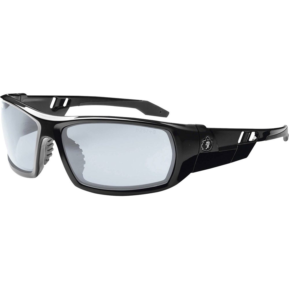 EGO50080 - Skullerz Odin Safety Glasses feature a tough, scratch-resistant lens that filters 99.9 percent of harmful UVA, UVB and UVC rays to keep your eyes safe in the sun. They are military tested and ANSI Compliant. Indoor/Outdoor Lens is ideal for indoors, outdoors, nighttime and hazy/cloudy conditions. Durable, nylon frames bend and flex without breaking. Nonslip, rubber nose piece and rubber temples keep the full-frame glasses secure and resist sweat. Integrated accessory receptors at each temple also improve airflow when not in use. Frame width is 142mm.