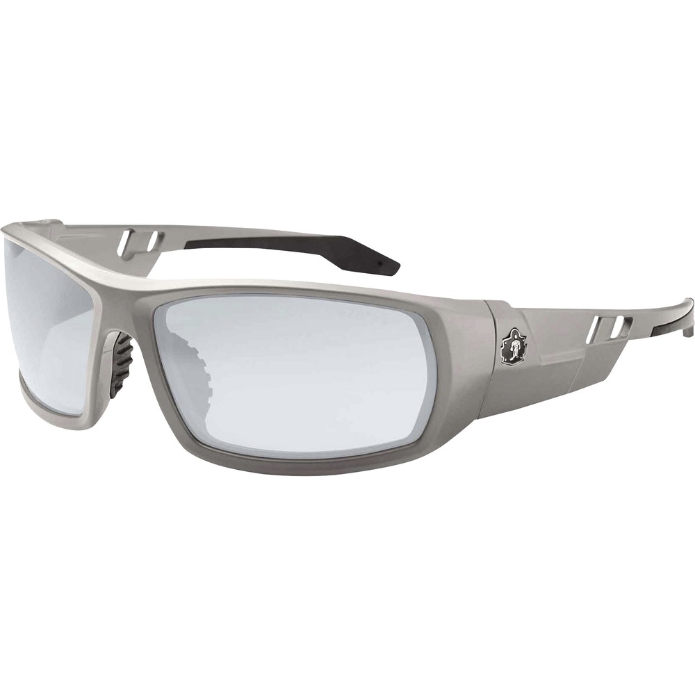 EGO50180 - Skullerz Odin Safety Glasses feature a tough, scratch-resistant lens that filters 99.9 percent of harmful UVA, UVB and UVC rays to keep your eyes safe in the sun. They are military tested and ANSI Compliant. Indoor/Outdoor Lens is ideal for indoors, outdoors, nighttime and hazy/cloudy conditions. Durable, nylon frames bend and flex without breaking. Nonslip, rubber nose piece and rubber temples keep the full-frame glasses secure and resist sweat. Integrated accessory receptors at each temple also improve airflow when not in use. Frame width is 142mm.