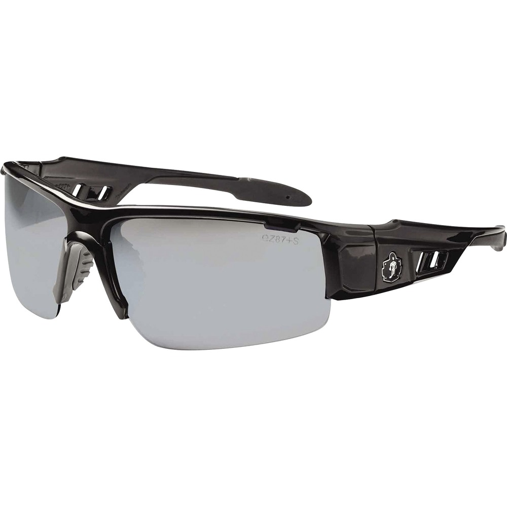 EGO52042 - Skullerz Dagr Safety Glasses feature a tough, scratch-resistant lens that filters 99.9 percent of harmful UVA, UVB and UVC rays to keep your eyes safe in the sun. Blade-style design is a sleek and sporty look - perfect both on the job or off. Half-blade frame offers improved lower and peripheral vision. These protective, work safety sunglasses are military tested and ANSI Compliant. Silver Mirror Lens is ideal for outdoors, bright lights and glare from water and snow. Durable, nylon frame bends and flexes without breaking. Nonslip, rubber nose piece and rubber temples keep the glasses secure and resist sweat. Temple accessory slot lets you add accessories while improving airflow. Frame width is 146mm.