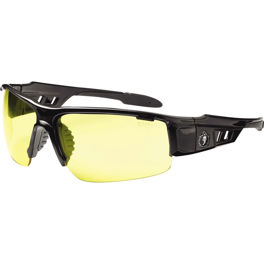 EGO52050 - Skullerz Dagr Safety Glasses feature a tough, scratch-resistant lens that filters 99.9 percent of harmful UVA, UVB and UVC rays to keep your eyes safe in the sun. Blade-style design is a sleek and sporty look - perfect both on the job or off. Half-blade frame offers improved lower and peripheral vision. These protective, work safety sunglasses are military tested and ANSI Compliant. Ideal for indoors, outdoors, low light and hazy/cloudy conditions, the yellow lens increases brightness in dull conditions. Durable, nylon frame bends and flexes without breaking. Nonslip, rubber nose piece and rubber temples keep the glasses secure and resist sweat. Temple accessory slot lets you add accessories while improving airflow. Frame width is 146mm.