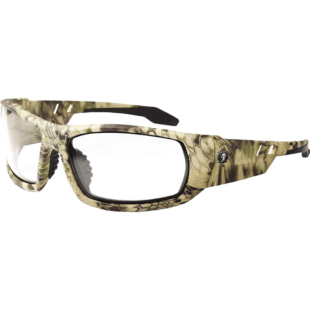 EGO50303 - Skullerz Odin Safety Glasses feature a tough, scratch-resistant lens that filters 99.9 percent of harmful UVA, UVB and UVC rays to keep your eyes safe in the sun. They are military tested and ANSI Compliant. Clear Fog-off Lens is ideal for indoor use, low light and hazy/cloudy conditions. Permanent, anti-fog treatment delivers fog-free viewing at all times and will not wash or wear off. Great for use with dust masks, these lenses won't fog so you can focus on the job at hand. Durable, nylon frames bend and flex without breaking. Nonslip, rubber nose piece and rubber temples keep the full-frame glasses secure and resist sweat. Integrated accessory receptors at each temple also improve airflow when not in use. Frame width is 142mm.