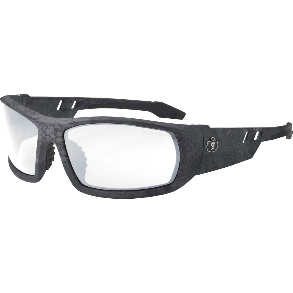 EGO50503 - Skullerz Odin Safety Glasses feature a tough, scratch-resistant lens that filters 99.9 percent of harmful UVA, UVB and UVC rays to keep your eyes safe in the sun. They are military tested and ANSI Compliant. Clear Fog-off Lens is ideal for indoor use, low light and hazy/cloudy conditions. Permanent, anti-fog treatment delivers fog-free viewing at all times and will not wash or wear off. Great for use with dust masks, these lenses won't fog so you can focus on the job at hand. Durable, nylon frames bend and flex without breaking. Nonslip, rubber nose piece and rubber temples keep the full-frame glasses secure and resist sweat. Integrated accessory receptors at each temple also improve airflow when not in use. Frame width is 142mm.