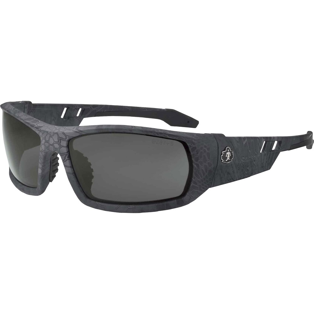 EGO50533 - Skullerz Odin Safety Glasses feature a tough, scratch-resistant lens that filters 99.9 percent of harmful UVA, UVB and UVC rays to keep your eyes safe in the sun. They are military tested and ANSI Compliant. Smoke Fog-off Lens is ideal for outdoors and bright light. Permanent, anti-fog treatment delivers fog-free viewing at all times and will not wash or wear off. Great for use with dust masks, these lenses won't fog so you can focus on the job at hand. Durable, nylon frames bend and flex without breaking. Nonslip, rubber nose piece and rubber temples keep the full-frame glasses secure and resist sweat. Integrated accessory receptors at each temple also improve airflow when not in use. Frame width is 142mm.