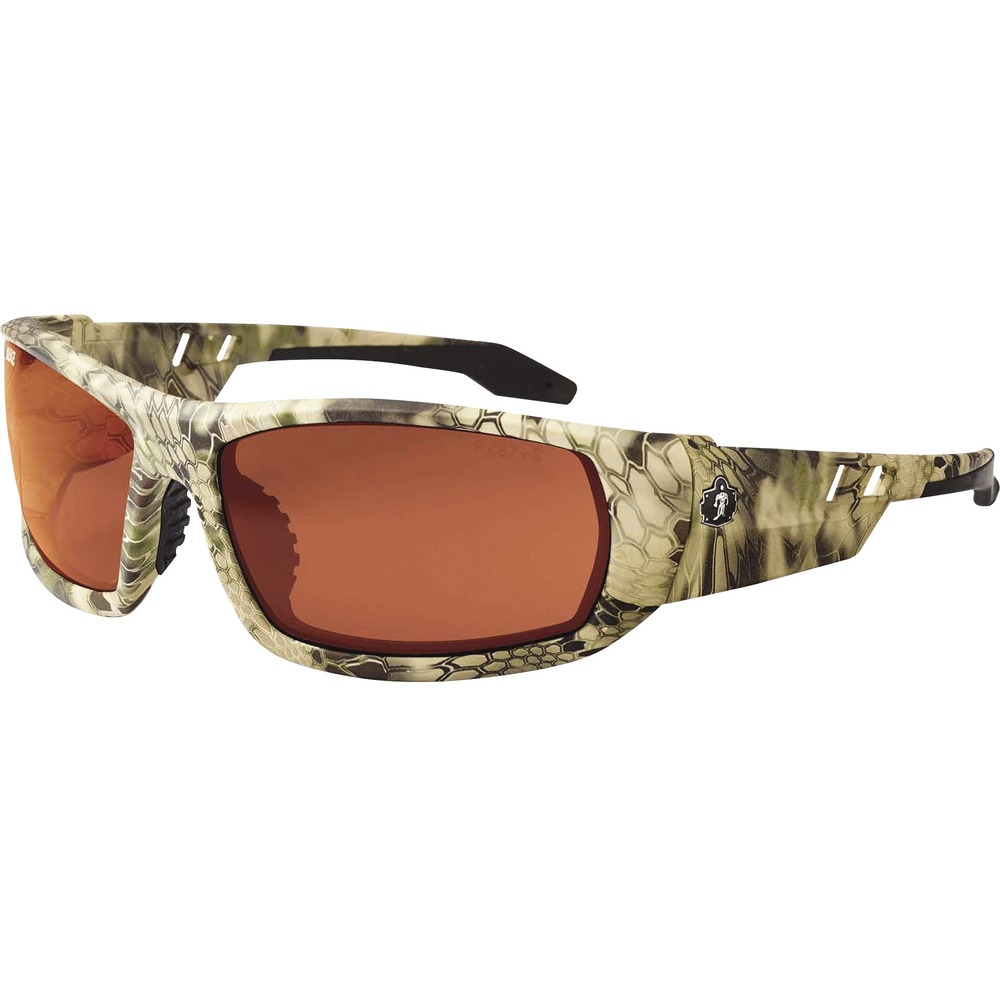 EGO50320 - Skullerz Odin Safety Glasses feature a tough, scratch-resistant lens that filters 99.9 percent of harmful UVA, UVB and UVC rays to keep your eyes safe in the sun. They are military tested and ANSI Compliant. This copper lens is ideal for outdoors, bright light and high contrast. Durable, nylon frames bend and flex without breaking. Nonslip, rubber nose piece and rubber temples keep the full-frame glasses secure and resist sweat. Integrated accessory receptors at each temple also improve airflow when not in use. Frame width is 142mm.