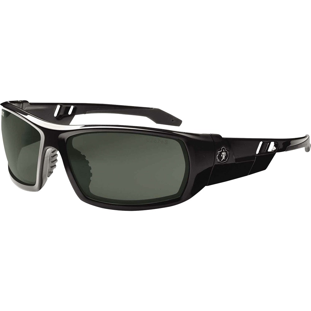 EGO50071 - Skullerz Odin Safety Glasses feature a tough, scratch-resistant lens that filters 99.9 percent of harmful UVA, UVB and UVC rays to keep your eyes safe in the sun. They are military tested and ANSI Compliant. Polarized Safety G15 Lens is ideal for outdoors, bright light and high contrast. Premium coating reduces glare and eye fatigue around water, snow, shiny surfaces and in other bright environments for clearer visibility. Durable, nylon frames bend and flex without breaking. Nonslip, rubber nose piece and rubber temples keep the full-frame glasses secure and resist sweat. Integrated accessory receptors at each temple also improve airflow when not in use. Frame width is 142mm.