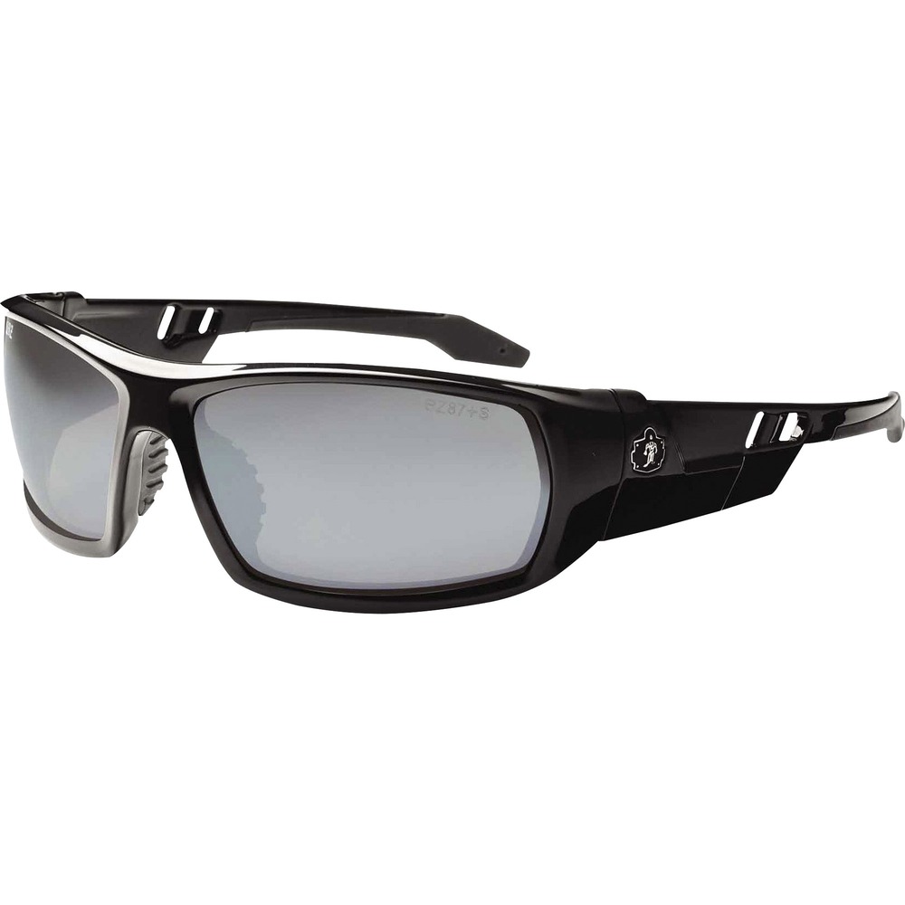 EGO50042 - Skullerz Odin Safety Glasses feature a tough, scratch-resistant lens that filters 99.9 percent of harmful UVA, UVB and UVC rays to keep your eyes safe in the sun. They are military tested and ANSI Compliant. Silver Mirror Lens is ideal for outdoors, bright lights and glare from water and snow. Durable, nylon frames bend and flex without breaking. Nonslip, rubber nose piece and rubber temples keep the full-frame glasses secure and resist sweat. Integrated accessory receptors at each temple also improve airflow when not in use. Frame width is 142mm.