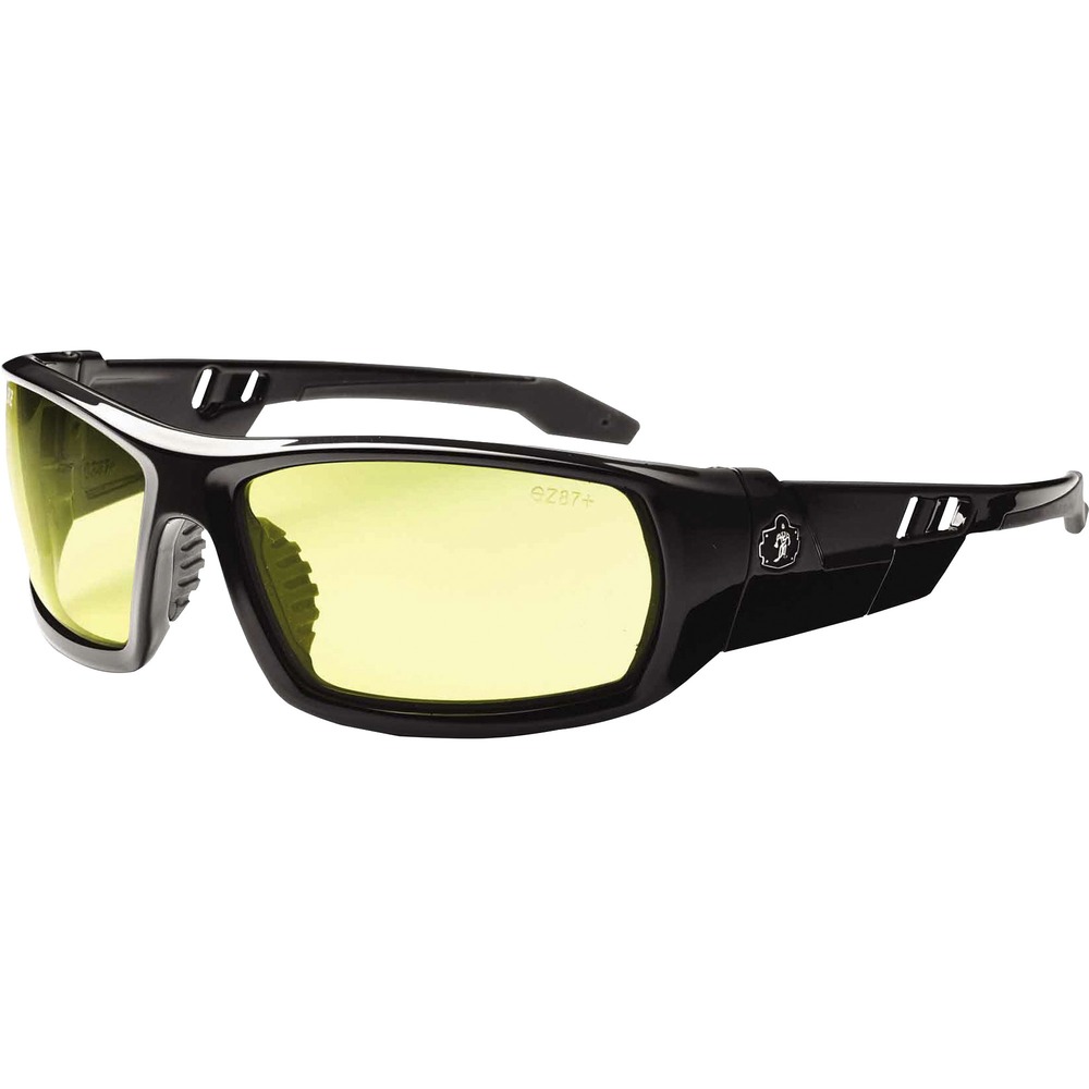 EGO50050 - Skullerz Odin Safety Glasses feature a tough, scratch-resistant lens that filters 99.9 percent of harmful UVA, UVB and UVC rays to keep your eyes safe in the sun. They are military tested and ANSI Compliant. Ideal for indoors, outdoors, low light and hazy/cloudy conditions, the yellow lens increases brightness in dull conditions. Durable, nylon frames bend and flex without breaking. Nonslip, rubber nose piece and rubber temples keep the full-frame glasses secure and resist sweat. Integrated accessory receptors at each temple also improve airflow when not in use. Frame width is 142mm.