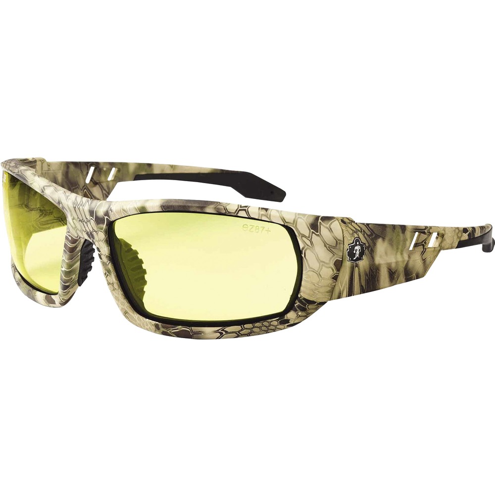EGO50350 - Skullerz Odin Safety Glasses feature a tough, scratch-resistant lens that filters 99.9 percent of harmful UVA, UVB and UVC rays to keep your eyes safe in the sun. They are military tested and ANSI Compliant. Ideal for indoors, outdoors, low light and hazy/cloudy conditions, the yellow lens increases brightness in dull conditions. Durable, nylon frames bend and flex without breaking. Nonslip, rubber nose piece and rubber temples keep the full-frame glasses secure and resist sweat. Integrated accessory receptors at each temple also improve airflow when not in use. Frame width is 142mm.