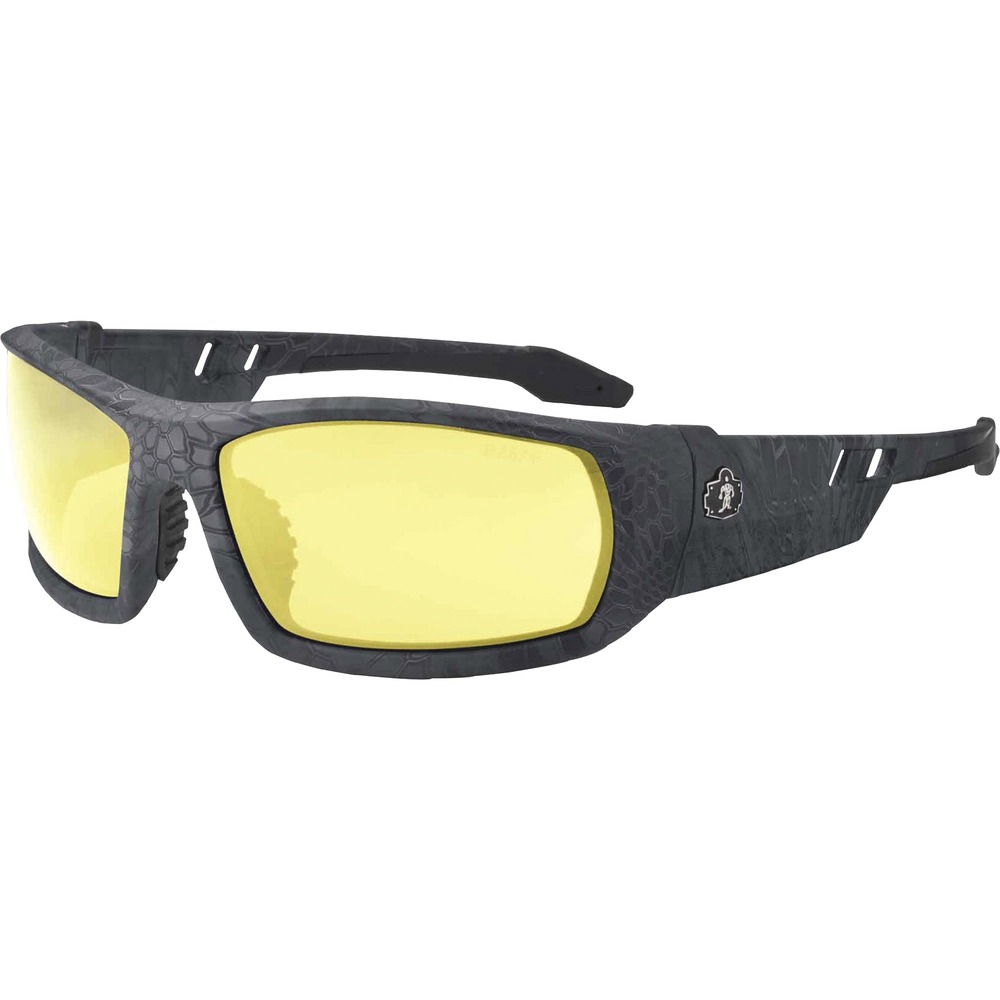 EGO50550 - Skullerz Odin Safety Glasses feature a tough, scratch-resistant lens that filters 99.9 percent of harmful UVA, UVB and UVC rays to keep your eyes safe in the sun. They are military tested and ANSI Compliant. Ideal for indoors, outdoors, low light and hazy/cloudy conditions, the yellow lens increases brightness in dull conditions. Durable, nylon frames bend and flex without breaking. Nonslip, rubber nose piece and rubber temples keep the full-frame glasses secure and resist sweat. Integrated accessory receptors at each temple also improve airflow when not in use. Frame width is 142mm.